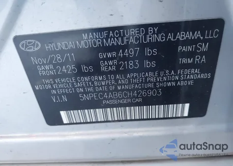 2012 Hyundai Sonata Se 2.0T z USA, uszkodzony, nr VIN 5NPEC4AB6CH426903